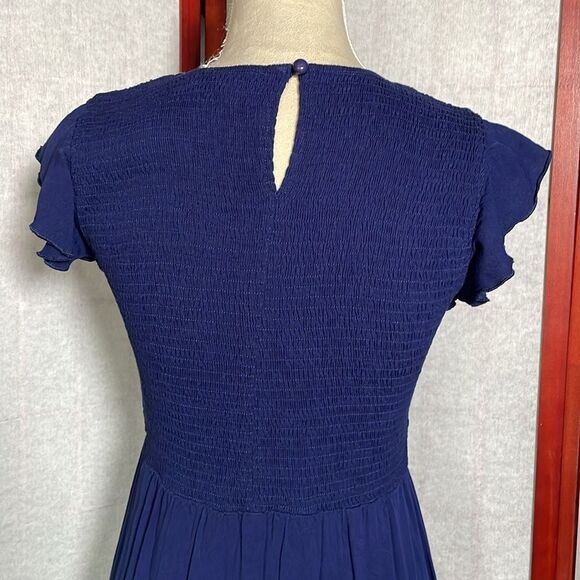 Fashion Elegant Navy Blue Midi Dress w/Smocked Top & Flutter Sleeves (Size: Med) - Picture 5 of 12